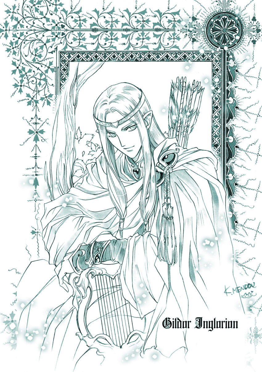 1boy arrow_(projectile) blue_theme cape circlet closed_mouth elf gildor harp highres holding holding_instrument instrument kazuki-mendou legendarium long_hair looking_at_viewer male_focus monochrome pointy_ears robe signature sitting smile solo the_lord_of_the_rings