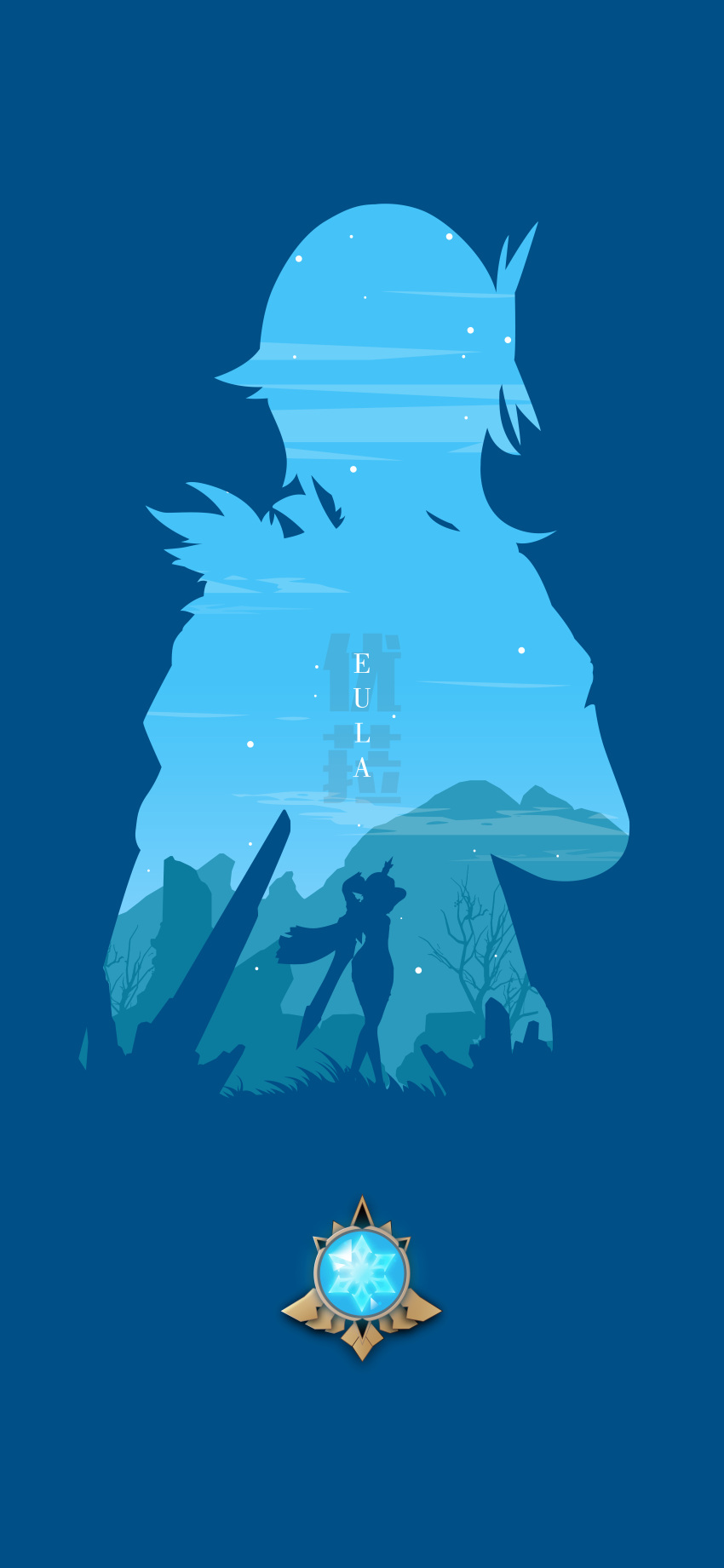 1girl absurdres blue_theme cape clouds eula_(genshin_impact) genshin_impact grass greatsword hair_ornament highres incredibly_absurdres medium_hair mountain mryu silhouette sky solo sparkle standing tree vision_(genshin_impact)