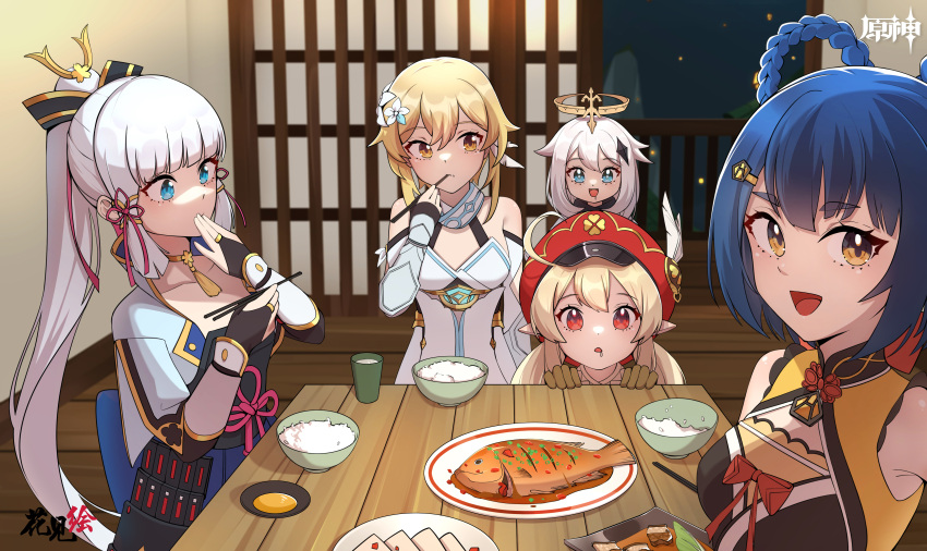 5girls absurdres ahoge armor armored_dress bangs black_hair blue_eyes blunt_bangs bowl braid brown_eyes cabbie_hat chest_armor chinese_clothes choker chopsticks clover_print collarbone commentary_request covering_mouth eating eyebrows_visible_through_hair flower food genshin_impact hair_between_eyes hair_flower hair_ornament hair_ribbon hairclip hanami_e hat highres holding holding_chopsticks japanese_clothes kamisato_ayaka klee_(genshin_impact) light_brown_hair long_hair long_sleeves looking_at_viewer low_twintails lumine_(genshin_impact) multiple_girls orange_eyes paimon_(genshin_impact) pointy_ears ponytail ribbon rice rice_bowl scarf short_hair short_hair_with_long_locks sidelocks table thick_eyebrows tress_ribbon twin_braids twintails white_hair xiangling_(genshin_impact) yellow_eyes
