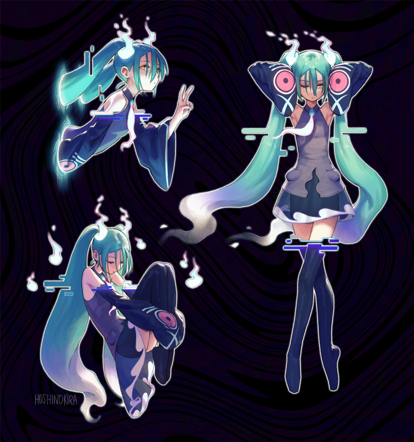 1girl aqua_hair black_thighhighs detached_sleeves ghost ghost_miku_(project_voltage) glitch gradient_hair grey_shirt h0shinokira hair_between_eyes hatsune_miku highres long_hair multicolored_hair multiple_views necktie one_eye_closed pale_skin pokemon project_voltage see-through see-through_skirt shirt skirt sleeves_past_fingers sleeves_past_wrists thigh-highs twintails very_long_hair vocaloid will-o'-the-wisp_(mythology) yellow_eyes