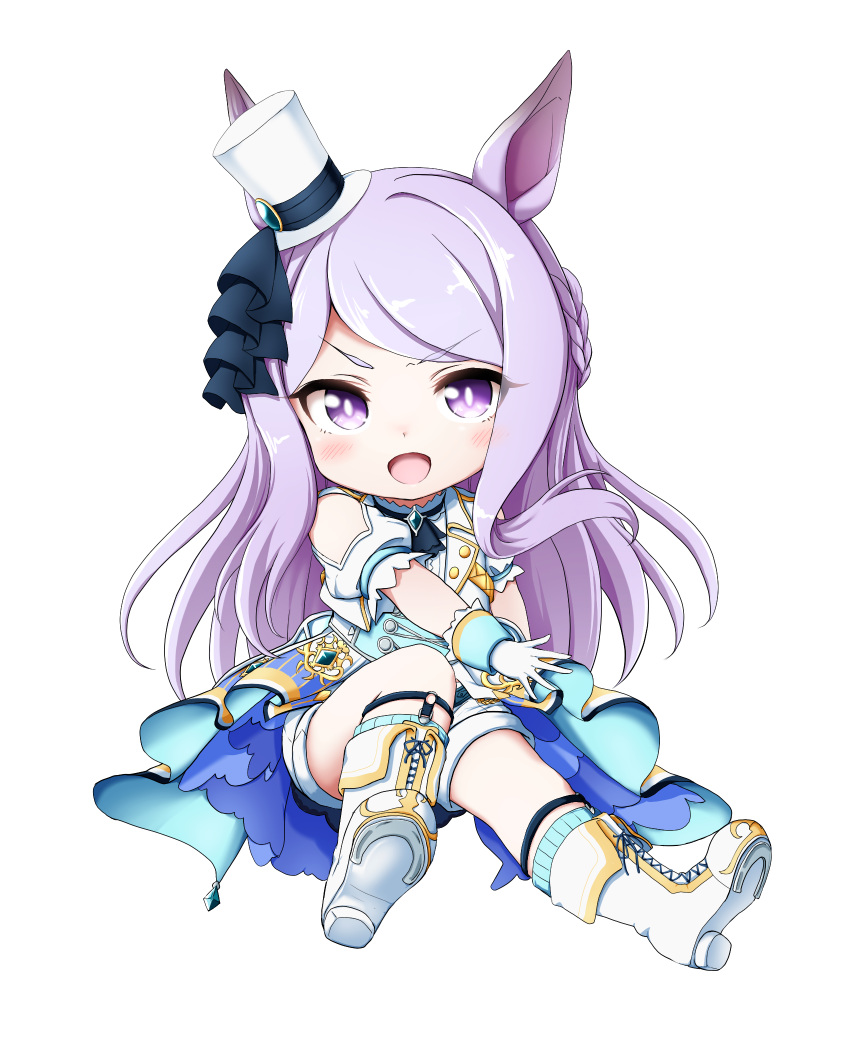 1girl :d animal_ears bangs blue_legwear blush boots chibi cross-laced_footwear eyebrows_visible_through_hair full_body gloves hat highres horse_ears jacket kuena lace-up_boots long_hair looking_at_viewer mejiro_mcqueen_(umamusume) mini_hat mini_top_hat open_mouth puffy_short_sleeves puffy_sleeves purple_hair ribbed_legwear shirt shoe_soles short_shorts short_sleeves shorts simple_background sitting smile socks solo swept_bangs tilted_headwear top_hat umamusume v-shaped_eyebrows very_long_hair violet_eyes white_background white_footwear white_gloves white_headwear white_jacket white_shirt white_shorts