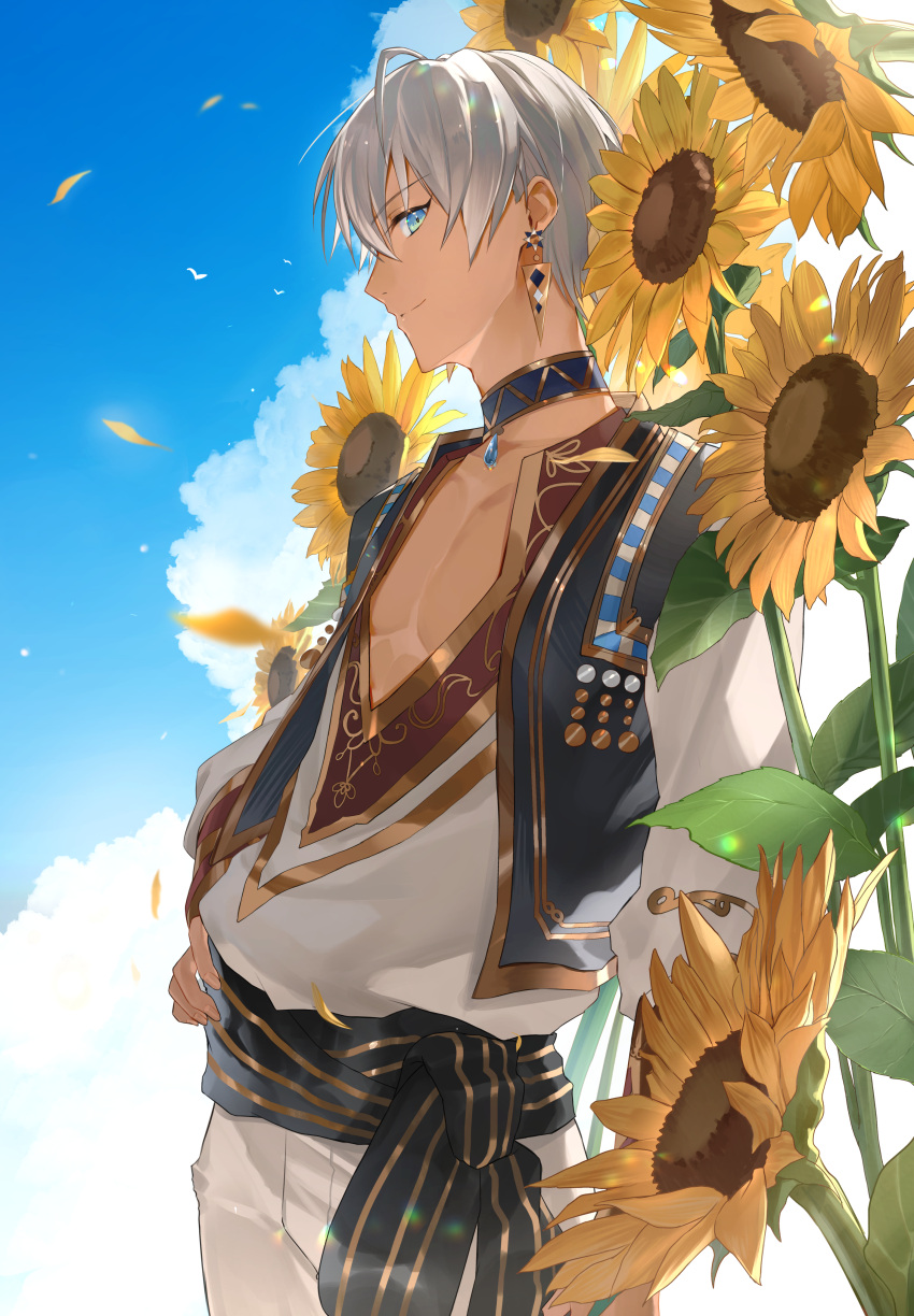 1boy absurdres arm_at_side bangs blue_eyes center_opening choker closed_mouth clouds commentary_request dark-skinned_male dark_skin earrings flower from_side grey_hair grey_pants grey_shirt hand_on_hip highres hoshi_rasuku ibrahim_(nijisanji) jewelry looking_at_viewer male_focus nijisanji outdoors pants pectorals petals shirt short_hair sky smile solo sunflower virtual_youtuber