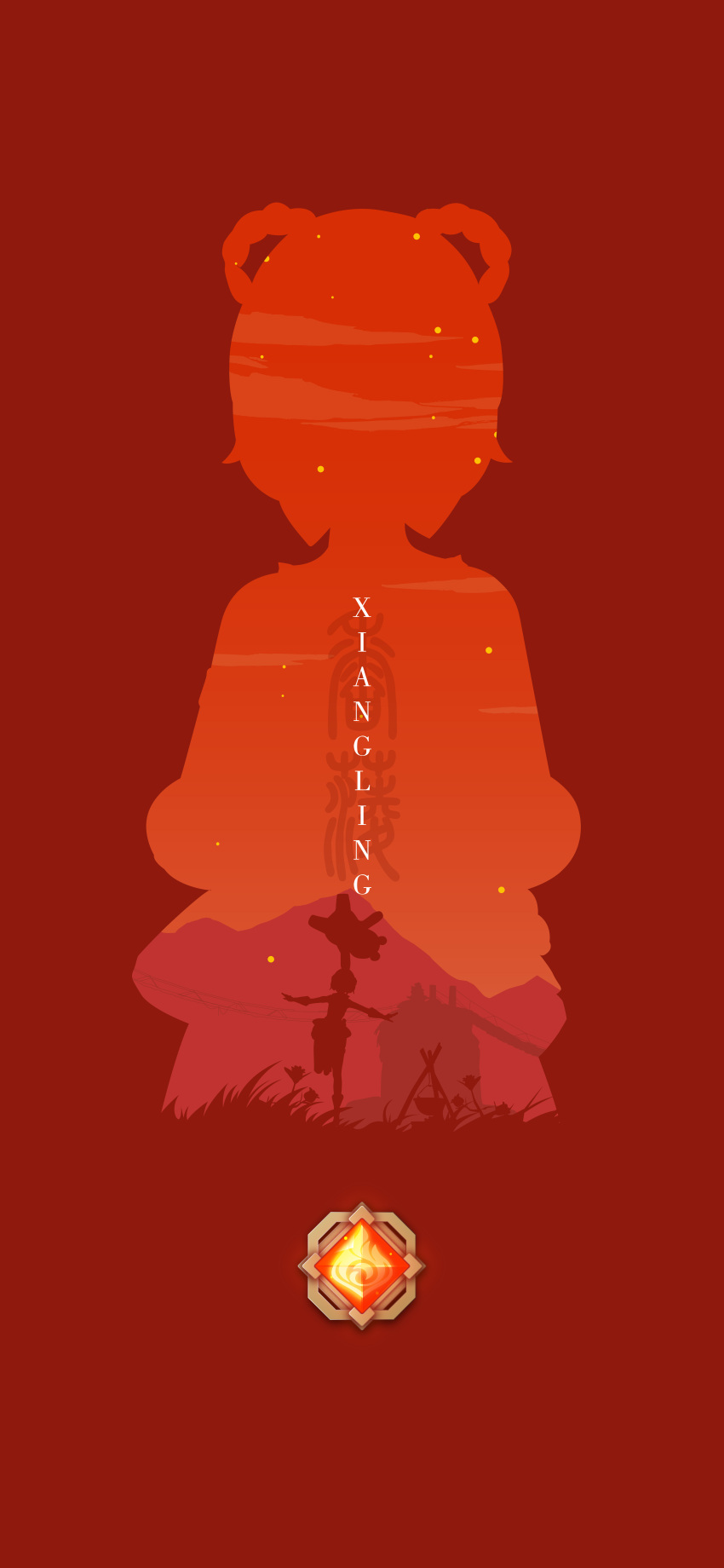 1girl absurdres campfire clouds genshin_impact grass guoba_(genshin_impact) highres incredibly_absurdres mountain mryu pot red_theme silhouette sky solo sparkle standing vision_(genshin_impact) xiangling_(genshin_impact)