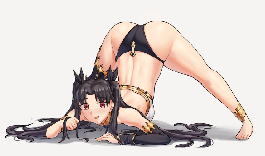 1girl anklet arm_support ass bikini black_hair blush breasts bridal_gauntlets english_commentary eyebrows_visible_through_hair fate/grand_order fate_(series) full_body grey_background ishtar_(fate) ishtar_(fate)_(all) jack-o'_challenge jewelry long_hair looking_at_viewer mismatched_bikini neck_ring open_mouth red_eyes sarhce shadow simple_background single_bridal_gauntlet single_thighhigh smile solo spread_legs swimsuit thigh-highs top-down_bottom-up two_side_up