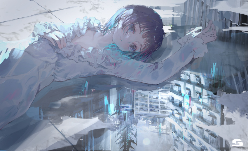 1girl arm_up bangs black_hair blue_eyes building building_block city closed_mouth dress eyelashes ground hand_on_own_chest highres light_blush light_reflection_(water) long_sleeves looking_down lying moon moonlight on_side original reflection short_hair sinsekai_city solo water white_dress