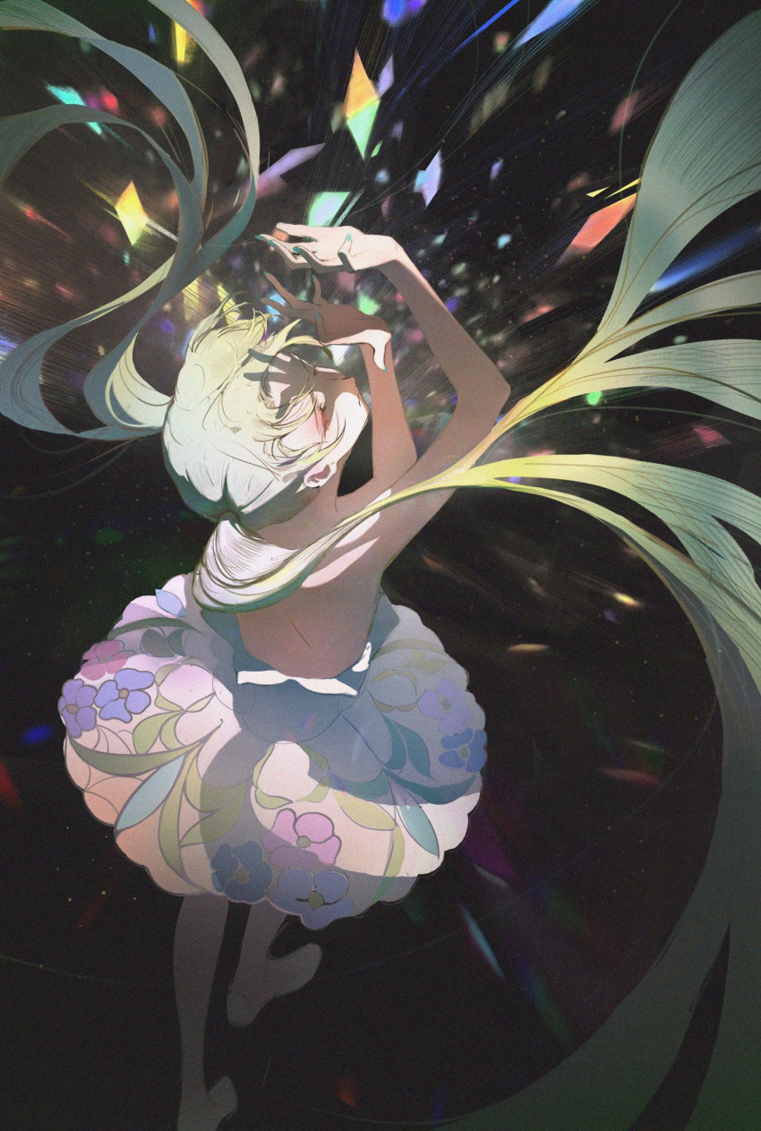 1girl arms_up backless_outfit barefoot colorful dark_background dress facing_back floral_print from_above from_behind hatsune_miku highres light_particles long_hair mr._owlish multicolored_hair original shiny short_dress solo standing twintails