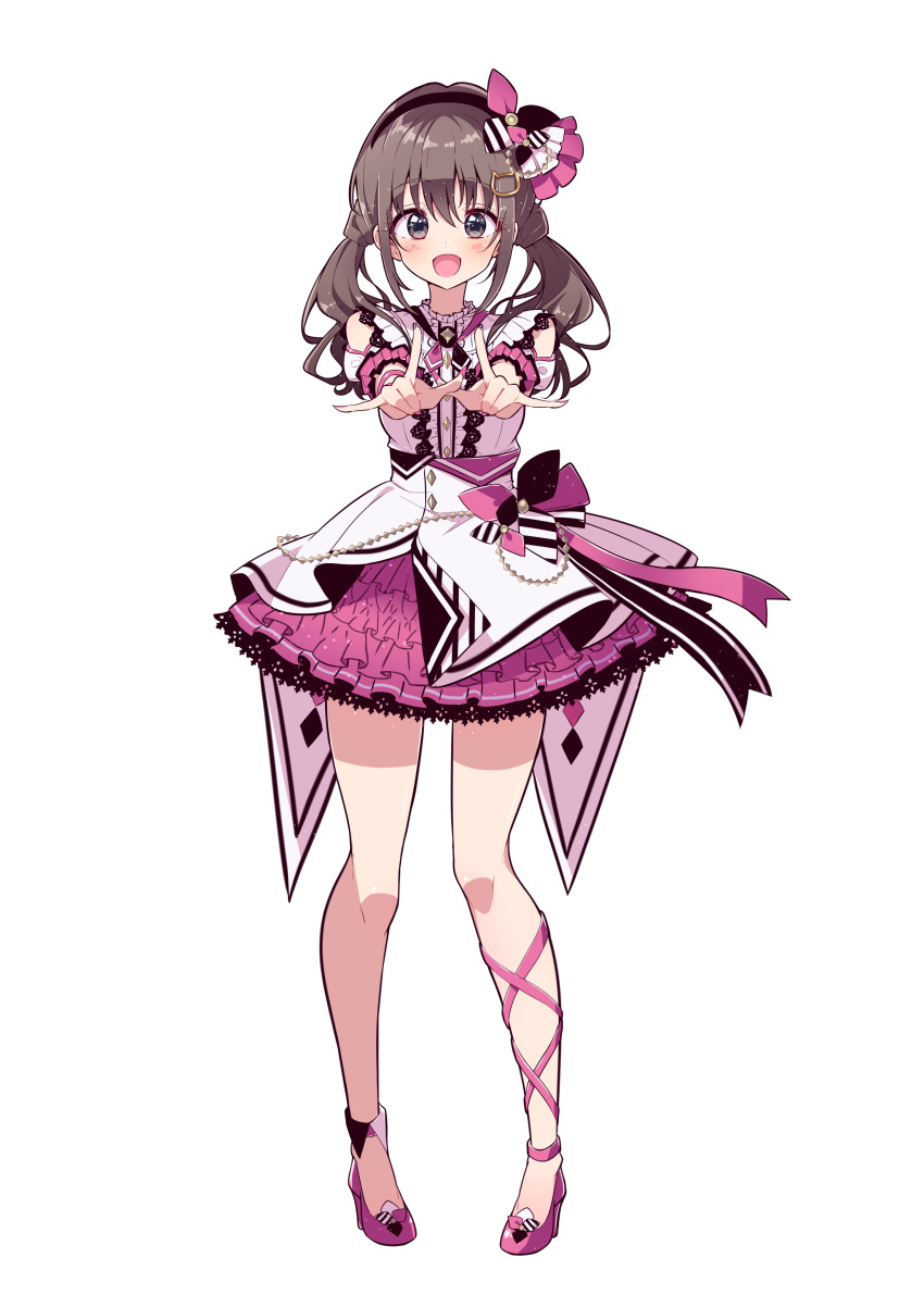 1girl :d absurdres bangs black_hairband blouse bokkun_(doyagaobyo) boots brown_eyes brown_hair center_frills clothing_cutout commentary_request eyebrows_visible_through_hair frilled_sleeves frills fujimiya_kotoha full_body hair_ornament hairband high_heel_boots high_heels highres idol looking_at_viewer low_twintails medium_hair miniskirt nail_polish neck_ribbon open_mouth pink_footwear pink_nails pink_neckwear pink_skirt ribbon short_sleeves shoulder_cutout simple_background skirt smile solo standing twintails virtual_youtuber white_background white_blouse