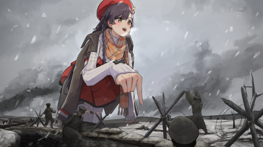 1girl beret black_hair black_jacket brown_hair giant giantess girls_frontline hanabusaraleigh hat jacket jacket_on_shoulders lewis_(girls_frontline) long_hair long_sleeves official_alternate_costume open_mouth orange_scarf outdoors plaid plaid_scarf red_headwear scarf sweater thigh-highs white_legwear white_sweater