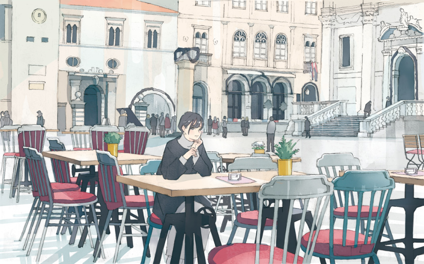 6+boys 6+girls black_coat black_hair building chair closed_mouth coat commentary dress grey_dress grey_eyes long_sleeves looking_at_viewer multiple_boys multiple_girls on_chair original outdoors paper pillar plant potted_plant short_hair sitting solo_focus stairs table wamizu