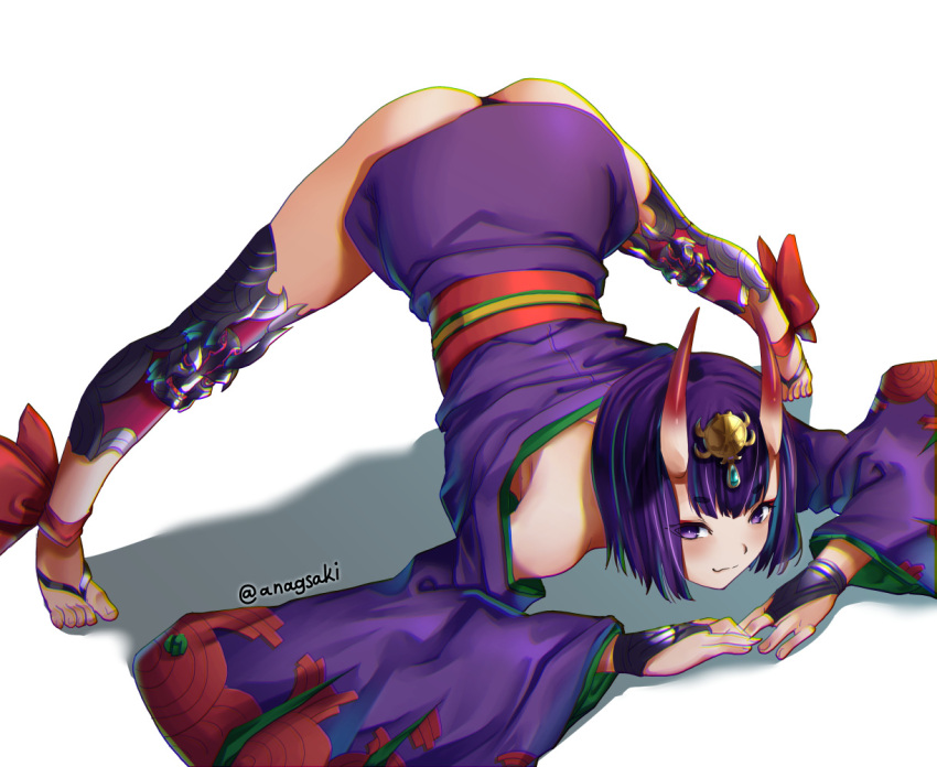 1girl aona_(anagasaki) arm_rest ass bangs bare_shoulders bob_cut breasts eyeliner fate/grand_order fate_(series) feet flexible guilty_gear guilty_gear_strive hands_on_ground headpiece horns jack-o'_challenge japanese_clothes kimono long_sleeves looking_at_viewer makeup meme oni oni_horns purple_hair purple_kimono short_hair shuten_douji_(fate) skin-covered_horns small_breasts spread_legs stretch toes top-down_bottom-up violet_eyes wide_sleeves wide_spread_legs