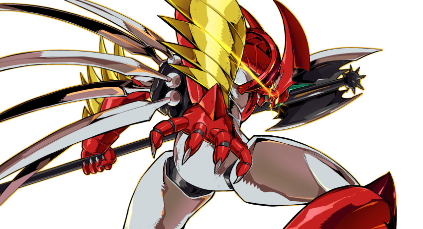 axe from_side getter_arc getter_robo getter_robo_arc highres holding holding_axe leaning_forward mecha mechanical_wings no_humans open_mouth pillar_buster science_fiction sharp_teeth solo super_robot teeth white_background wings yellow_eyes