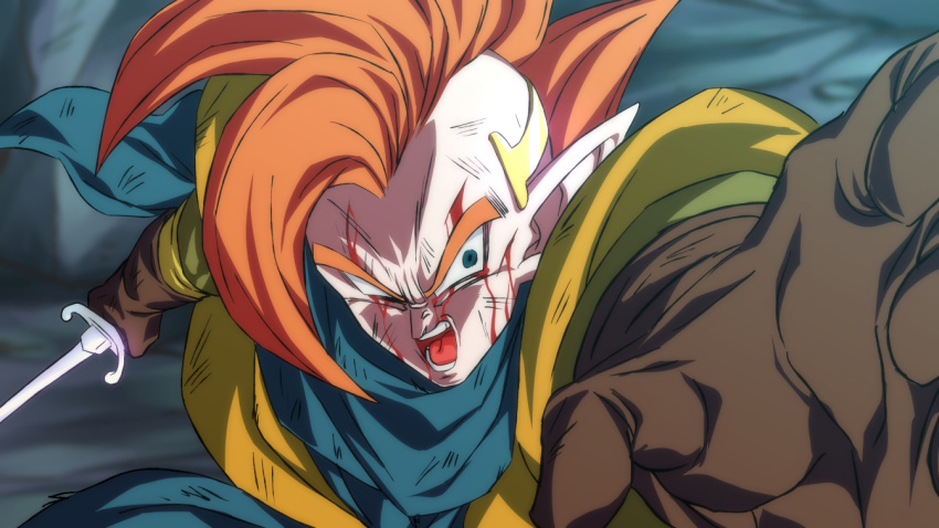 1boy blood blood_on_face brown_gloves bruise dragon_ball dragon_ball_z gloves holding holding_sword holding_weapon injury male_focus mohawk pointy_ears reaching_out redhead rom_(20) scarf shintani_naohiro_(style) solo sword tapion weapon