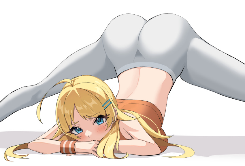 1girl ahoge arm_support bangs bare_arms bare_shoulders blonde_hair blue_eyes blush breasts closed_mouth eyebrows_visible_through_hair hachimiya_meguru hair_ornament hairclip idolmaster idolmaster_shiny_colors jack-o'_challenge large_breasts long_hair looking_at_viewer pants simple_background solo sports_bra spread_legs sweatband swept_bangs top-down_bottom-up white_background white_pants yoga_pants za_yu_a