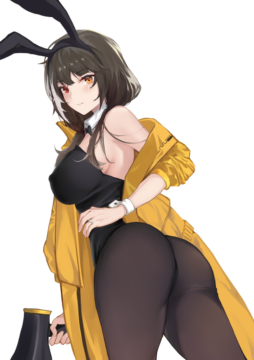 1girl absurdres animal_costume ass blush breasts bunny_costume eyebrows_visible_through_hair female girls_frontline heterochromia highres jacket large_breasts long_hair megaphone multicolored_hair off_shoulder ro635_(girls_frontline) solo streaked_hair xiaobei yellow_jacket