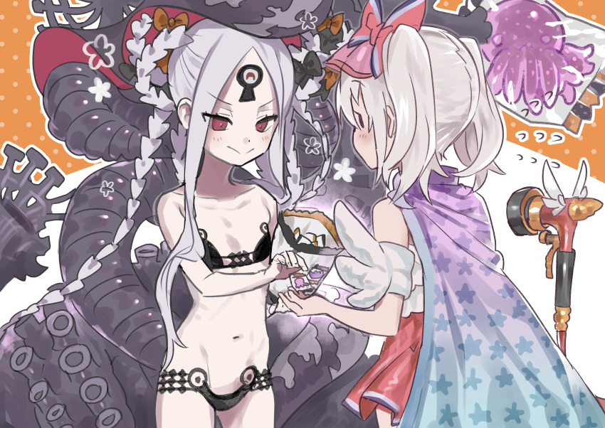 2girls abigail_williams_(fate) abigail_williams_(swimsuit_foreigner)_(fate) absurdres bangs bare_shoulders bikini black_bikini black_bow blush bow breasts candy cape collarbone colored_skin double_bun dress_swimsuit fate/grand_order fate_(series) food forehead highres hose hose_nozzle huge_filesize illyasviel_von_einzbern illyasviel_von_einzbern_(swimsuit_archer)_(fate) inflatable_armbands jun_(nad-j) keyhole long_hair magical_ruby multiple_bows multiple_girls navel one-piece_swimsuit orange_bow parted_bangs red_bow red_eyes red_swimsuit sidelocks small_breasts smile star_(symbol) star_print swimsuit tentacles thighs third_eye twintails very_long_hair visor_cap white_hair white_skin