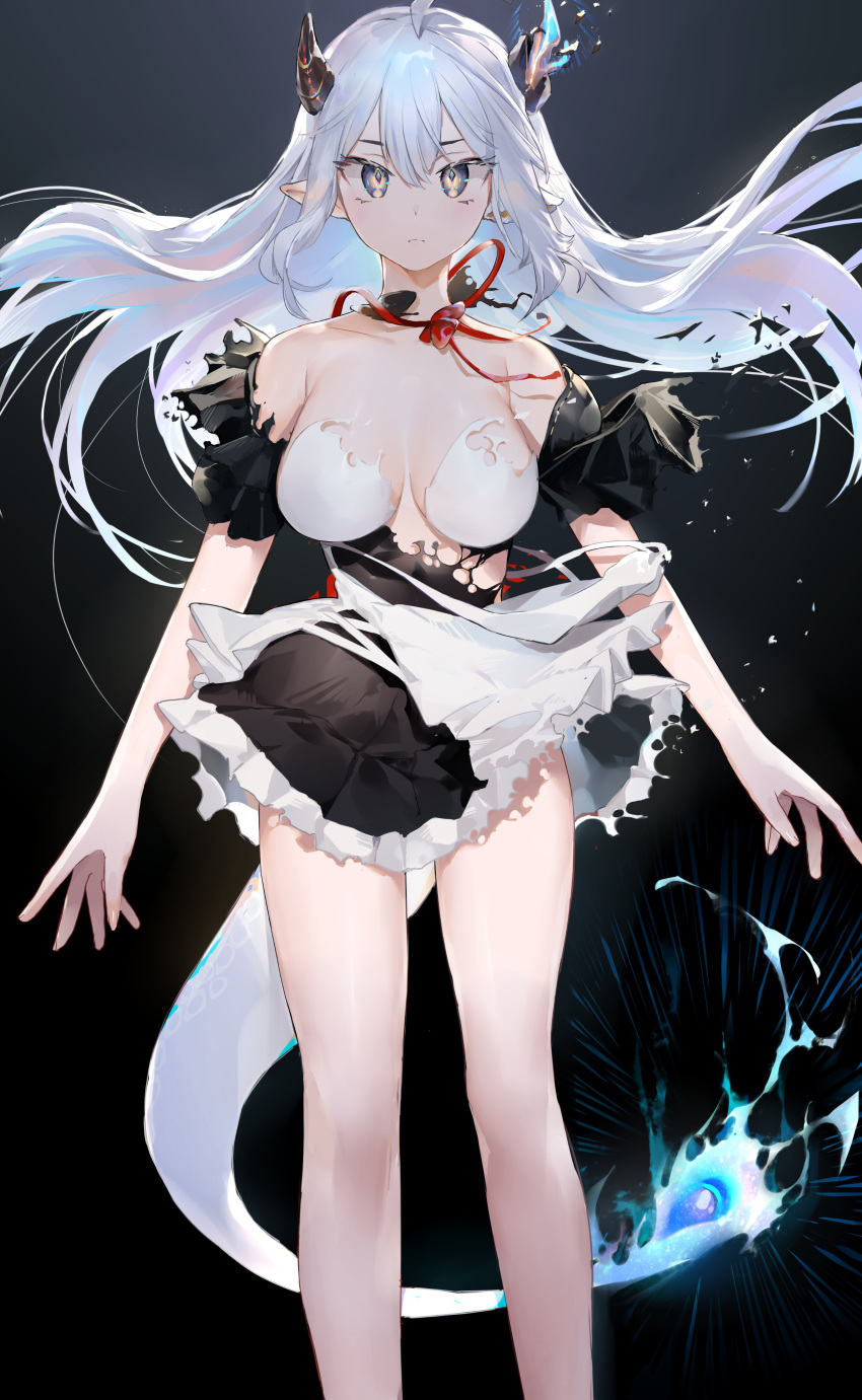 1girl absurdres bare_shoulders black_background breasts demon_girl demon_horns english_commentary feet_out_of_frame hair_between_eyes highres horns large_breasts long_hair looking_at_viewer neonbeat pointy_ears simple_background solo tail torn_clothes vei_(vtuber) vshojo white_hair