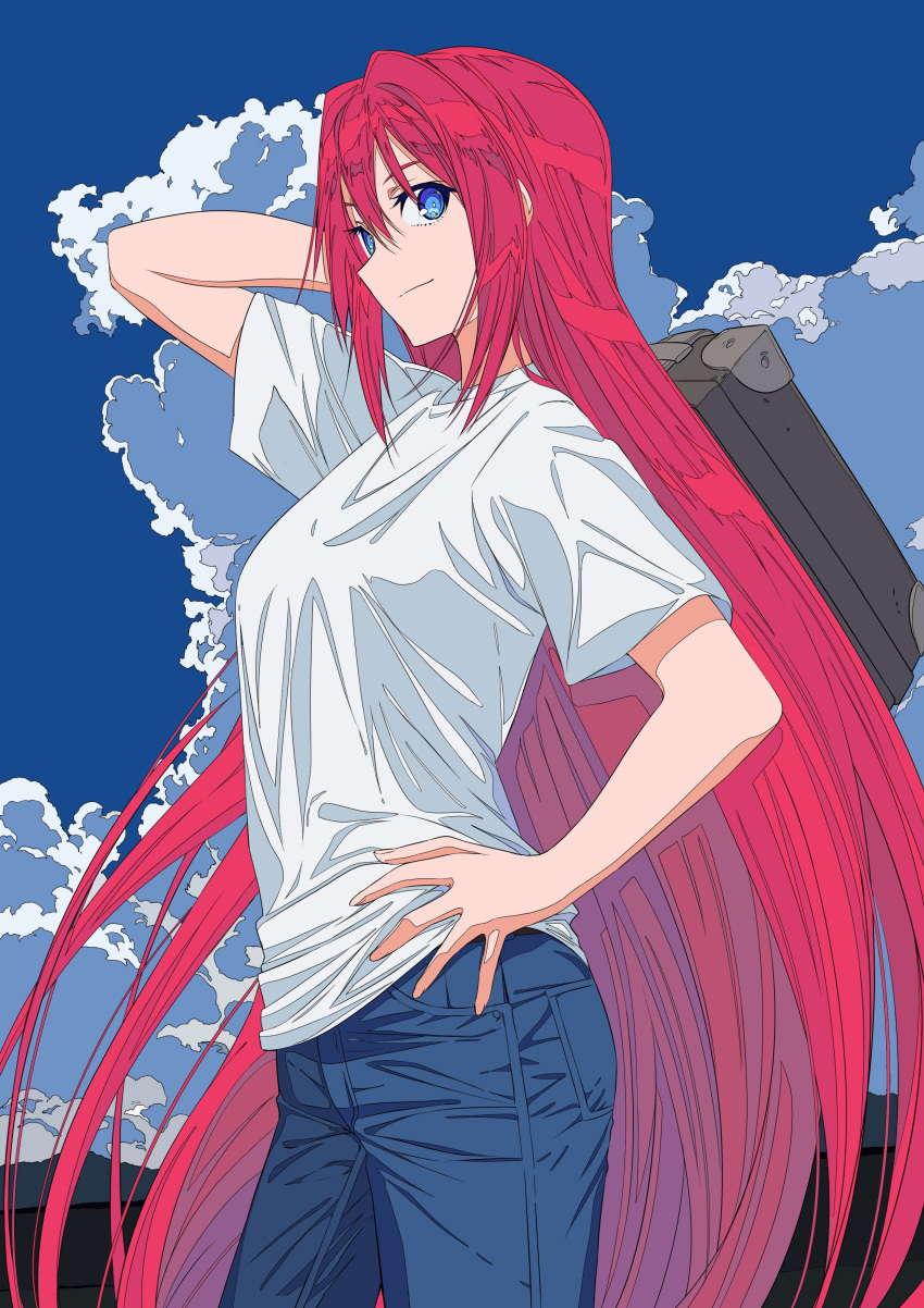 1girl absurdres aozaki_aoko arm_up bangs blue_eyes blue_pants blue_sky breasts closed_mouth clouds commentary_request day denim hair_between_eyes hair_intakes hand_on_hip highres holding holding_suitcase jeans long_hair looking_at_viewer medium_breasts outdoors pants pocket redhead shirt short_sleeves sidelocks sky smile solo suitcase t-shirt tsukihime very_long_hair white_shirt xtango