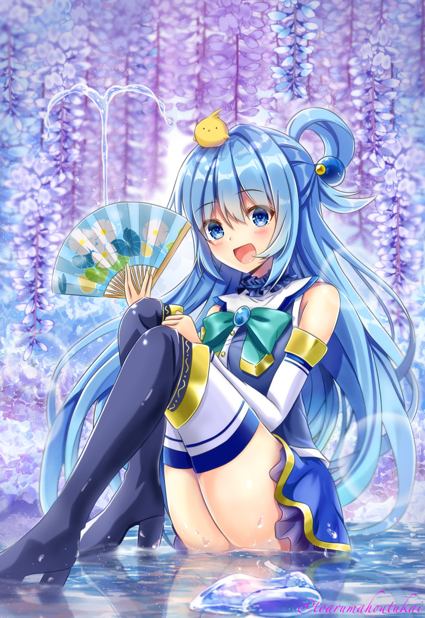 1girl animal_on_head aqua_(konosuba) ass bangs bare_shoulders bird bird_on_head blue_eyes blue_footwear blue_hair blue_legwear blue_shirt blue_skirt blush bow breasts commentary_request detached_sleeves flower green_bow hair_ornament hair_rings highres kono_subarashii_sekai_ni_shukufuku_wo! large_breasts long_hair looking_at_viewer nakki_(toarumajyutushi) on_head open_mouth pleated_skirt shirt skirt smile solo thigh-highs water wisteria