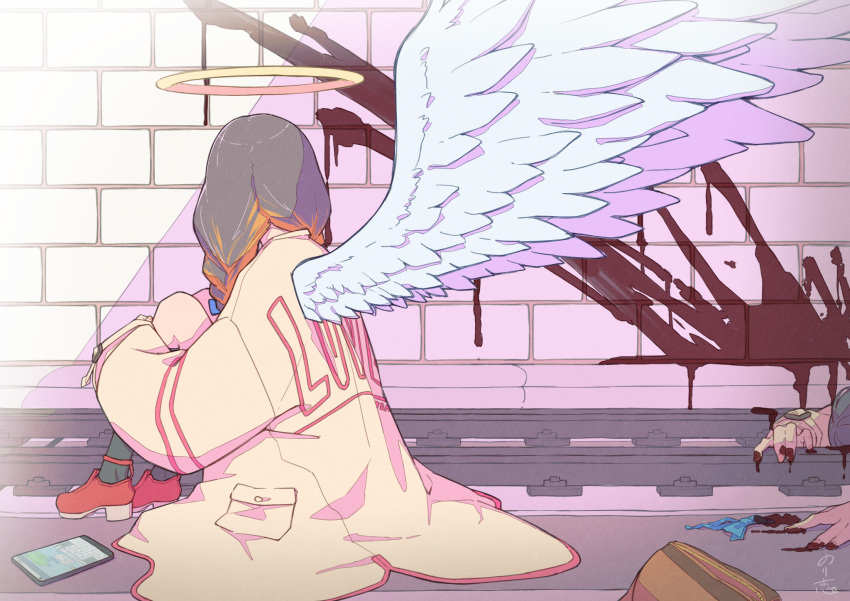 1girl angel_wings bag black_hair black_legwear blood blood_splatter brick_wall brown_coat cellphone coat commentary_request corpse facing_away feathered_wings from_behind full_body halo handbag highres kneehighs multicolored_hair norikoi orange_hair original phone railroad_tracks red_footwear signature sitting smartphone solo streaked_hair wings