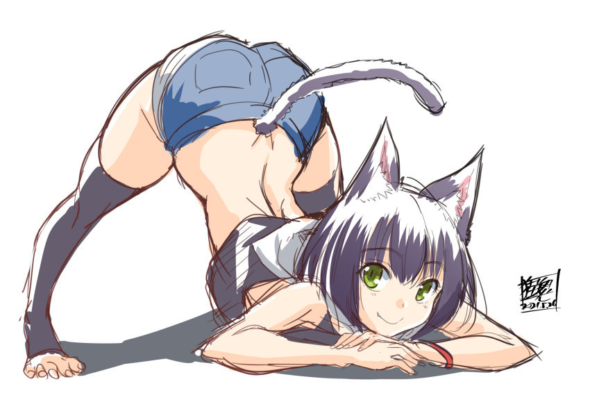 1girl animal_ear_fluff animal_ears bangs black_hair black_hoodie black_legwear blue_shorts cat_ears cat_girl cat_tail closed_mouth commentary crop_top english_commentary eyebrows_visible_through_hair fang fang_out full_body green_eyes highres hood hood_down hoodie jack-o'_challenge looking_at_viewer midriff nekoi_hikaru no_shoes original own_hands_together shadow short_shorts shorts sketch smile solo tail toeless_legwear top-down_bottom-up white_background