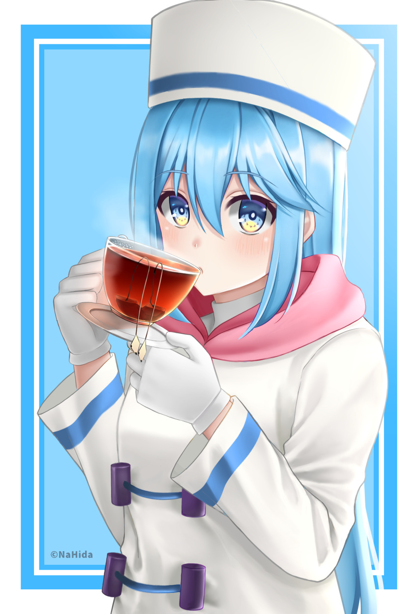 1girl absurdres aqua_(konosuba) bangs black_tea blue_background blue_hair blush cup drinking eyebrows_visible_through_hair gloves hair_between_eyes hat highres holding jacket kono_subarashii_sekai_ni_shukufuku_wo! long_hair long_sleeves looking_at_viewer nahida scarf shiny shiny_hair solo tea twitter_username white_background white_gloves white_headwear white_jacket winter_clothes