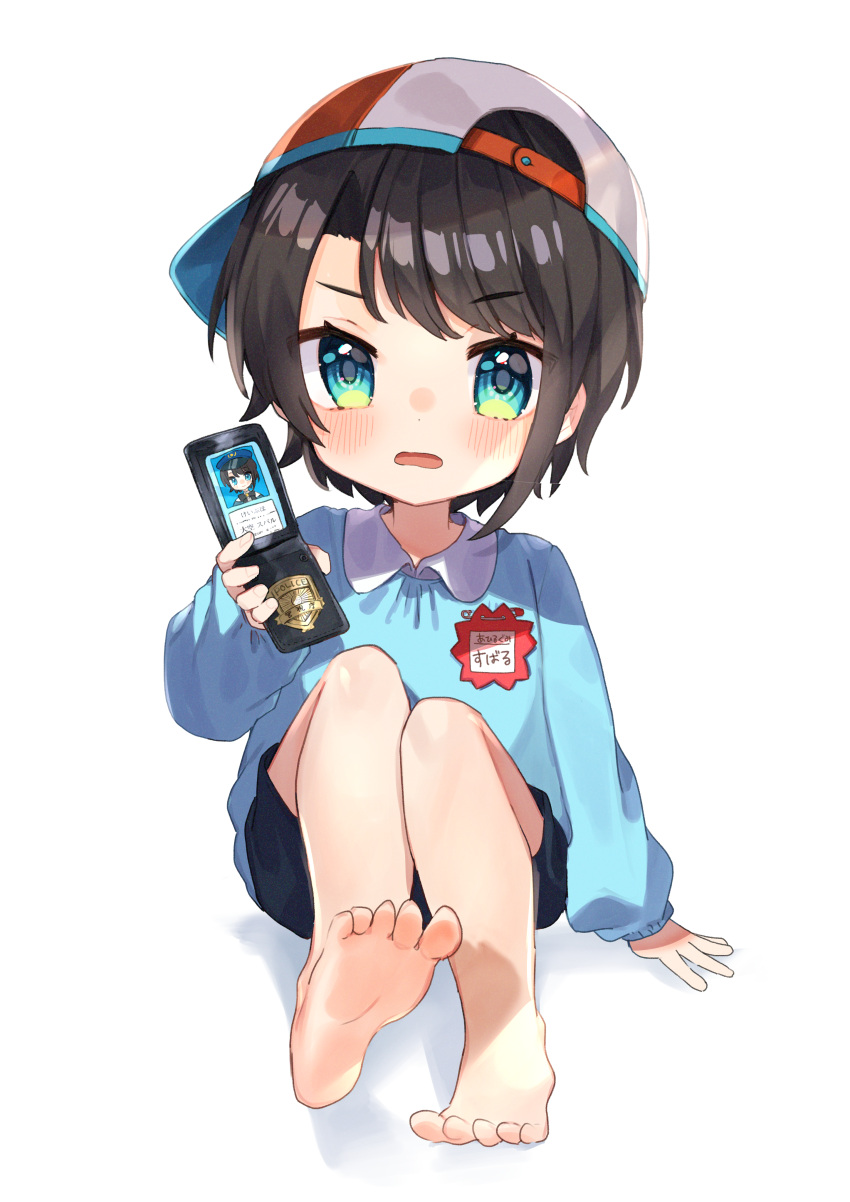 1girl absurdres bangs black_hair black_shorts commentary_request eyebrows_visible_through_hair green_eyes hat highres holding hololive kindergarten_uniform long_sleeves looking_at_viewer name_tag noi_mine oozora_subaru police_badge short_hair shorts sidelocks simple_background sitting soles solo toes virtual_youtuber white_background younger