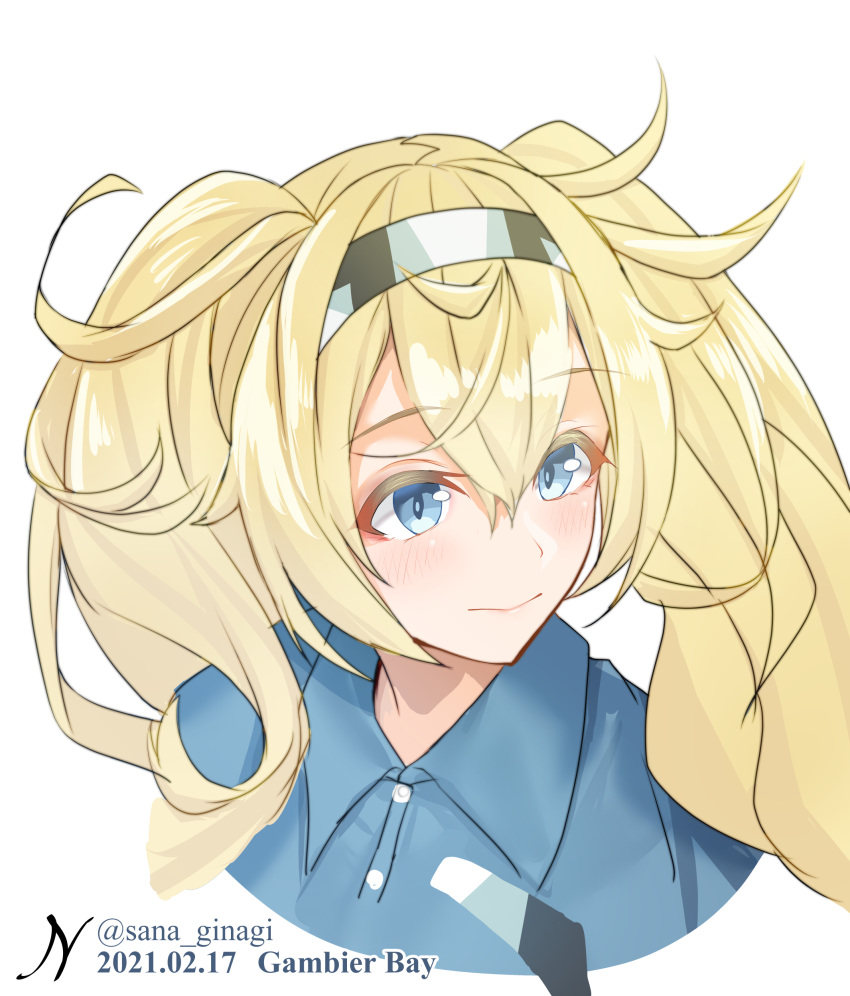 1girl absurdres bangs blonde_hair blue_eyes blue_shirt blush character_name closed_mouth cropped_shoulders dated eyebrows_visible_through_hair gambier_bay_(kancolle) hair_between_eyes hairband highres kantai_collection long_hair multicolored_hairband nagisa_nagi portrait shirt signature simple_background solo twintails twitter_username upper_body white_background