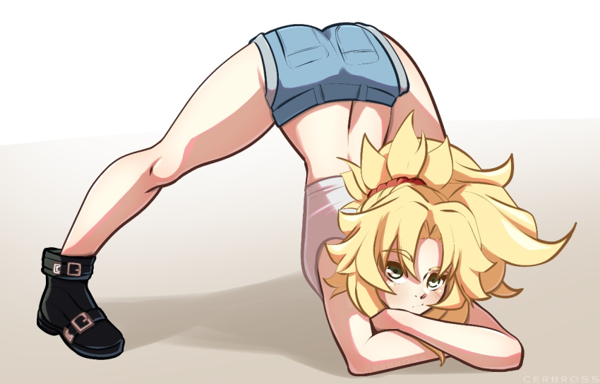 1girl :/ arm_rest ass back bangs black_footwear blonde_hair blush cerbross_(artist) crop_top eyebrows_visible_through_hair fate/grand_order fate_(series) flexible full_body gradient gradient_background green_eyes jack-o'_challenge long_hair looking_at_viewer meme mordred_(fate) mordred_(fate/apocrypha) shoes short_shorts shorts simple_background solo spread_legs top-down_bottom-up
