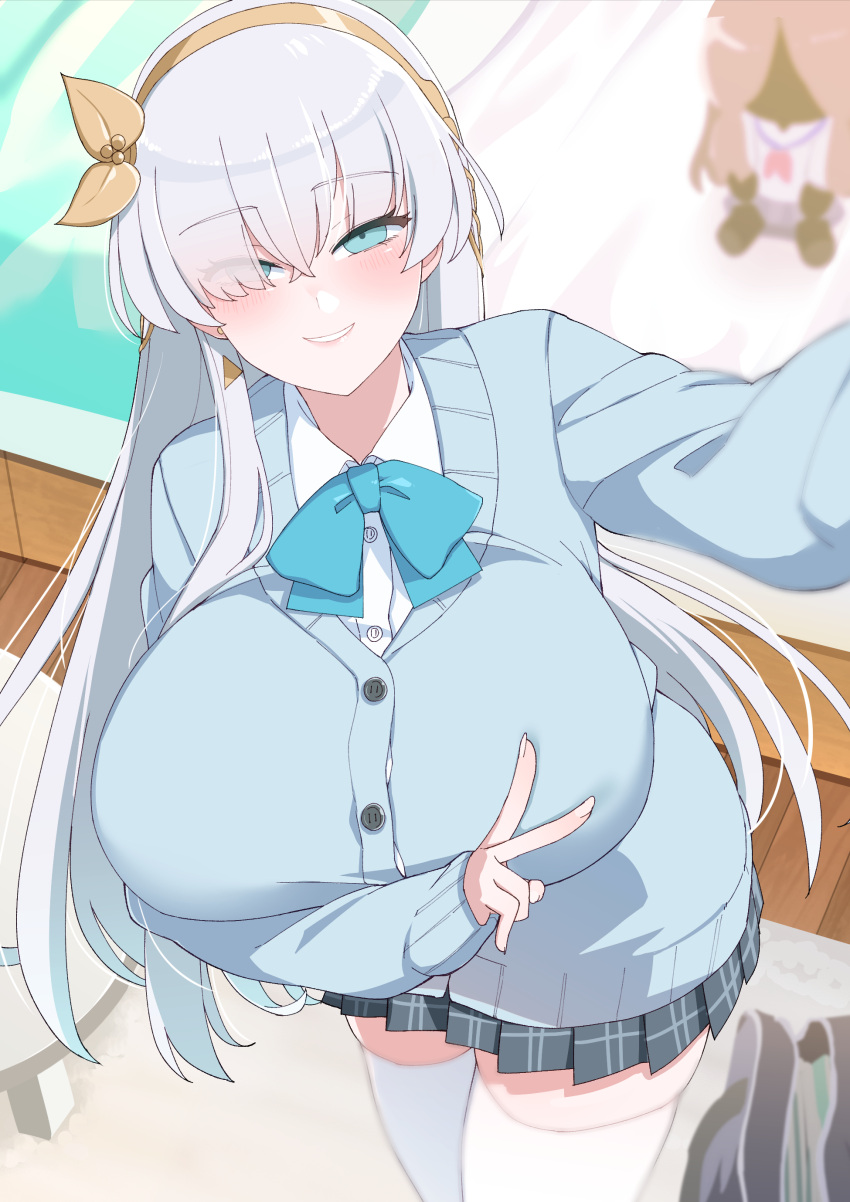 1girl absurdres akitokage01 anastasia_(fate) bangs blue_eyes blue_sweater blush breasts collared_shirt doll dress_shirt earrings fate/grand_order fate_(series) grey_skirt hair_over_one_eye hairband highres huge_breasts jewelry long_hair long_sleeves looking_at_viewer selfie shirt silver_hair skirt smile solo sweater thigh-highs thighs v very_long_hair viy_(fate) white_legwear white_shirt