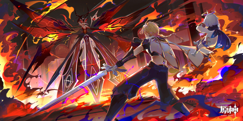1boy 2girls absurdres aether_(genshin_impact) bangs battle braid commentary_request eye_mask eyebrows_visible_through_hair fire floating from_behind genshin_impact highres holding holding_sword holding_weapon huge_filesize jintian_ye_yao_404_le_ne long_hair looking_at_viewer low_ponytail multiple_girls paimon_(genshin_impact) pants scarf short_hair sidelocks signora_(genshin_impact) single_braid smile sword weapon white_hair wings