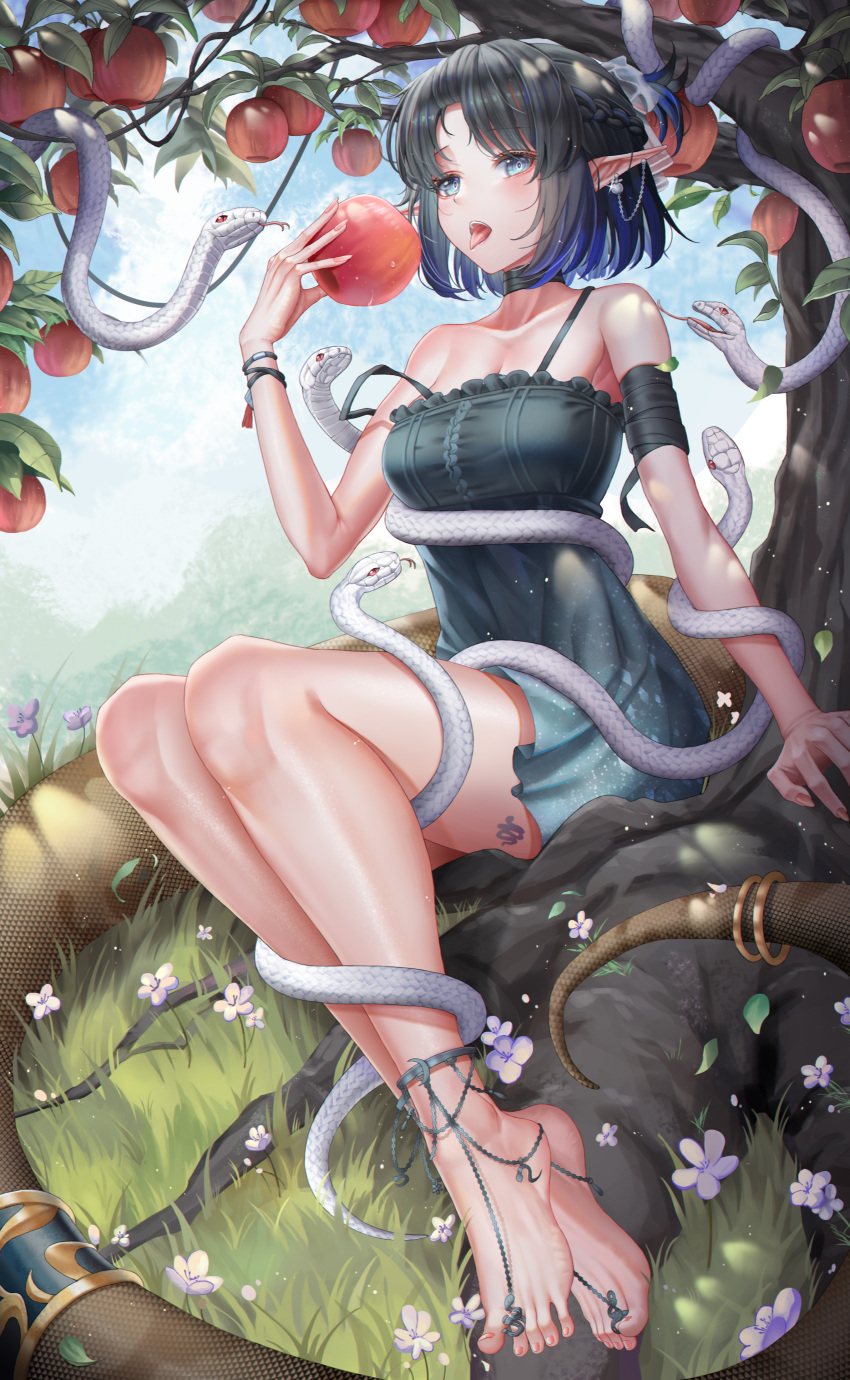 1girl absurdres anklet apple apple_tree arknights arm_wrap barefoot barefoot_sandals black_dress black_hair blue_eyes bracelet dress ear_chain earrings eating eunectes_(arknights) feet flower food fruit grass highres jewelry looking_at_viewer open_mouth pointy_ears saliva short_dress sitting snake tail tail_ornament tail_ring toes tongue tree under_tree white_snake yf_(hbyg)