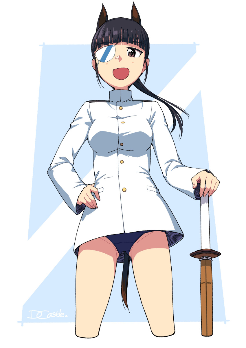 501st_joint_fighter_wing absurdres animal_ears bangs black_hair blunt_bangs bokken dog_ears dog_girl dog_tail dragoncastle eyebrows_visible_through_hair eyepatch fuso hand_on_hip highres looking_at_viewer military military_uniform monocle opaque_monocle ponytail print_eyepatch sakamoto_mio school_swimsuit strike_witches swimsuit swimsuit_under_clothes sword tail uniform weapon white_eyepatch wooden_sword world_witches_series