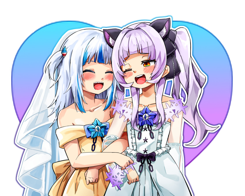 2girls animal_ears arm_hug bangs blue_hair blunt_bangs blush bridal_veil bride cat_ears closed_eyes collarbone commentary dress gawr_gura heart heart_background highres hololive hololive_english jindai3663 looking_at_another multicolored_hair multiple_girls murasaki_shion one_eye_closed purple_hair sharp_teeth smile teeth twintails veil virtual_youtuber wedding_dress white_dress white_hair wife_and_wife yellow_dress yuri