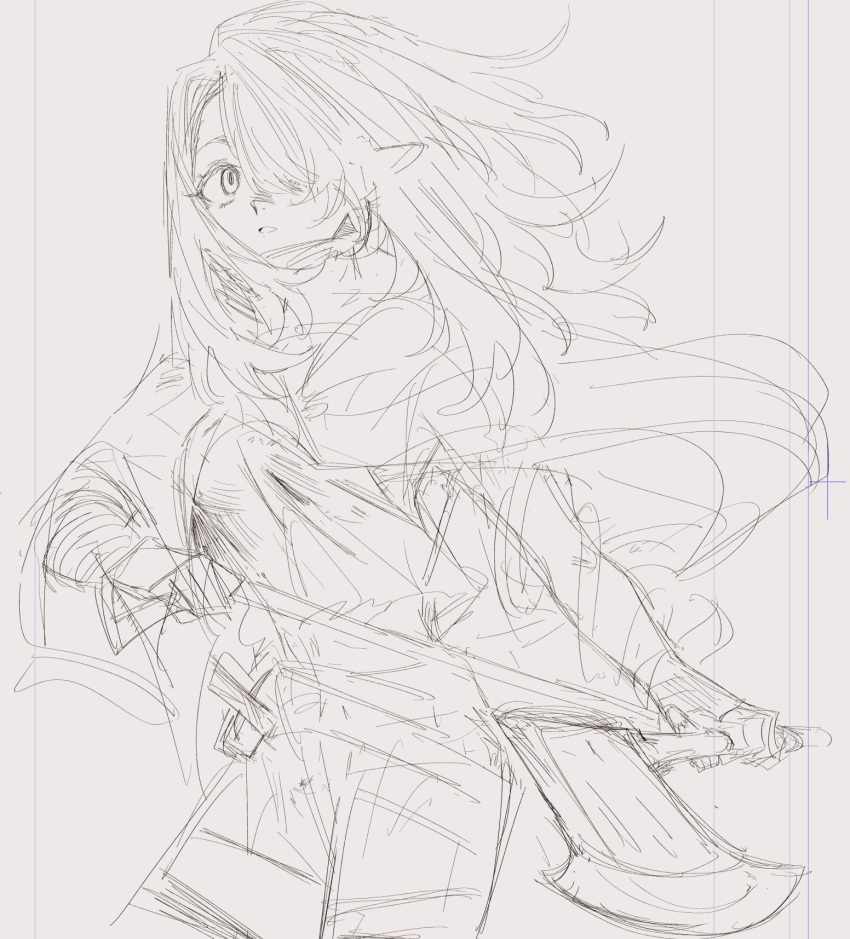 1girl axe bandaged_arm bandaged_hand bandages cloak elf hair_over_one_eye highres holding holding_axe holding_weapon long_hair maido_mido original parted_lips pointy_ears sketch solo weapon wide-eyed