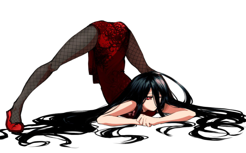 1boy ahoge ass bangs bare_arms bare_shoulders black_hair china_dress chinese_clothes crossdressing crossdressinging dangan_ronpa_(series) danganronpa_2:_goodbye_despair dokudokudoku dress fishnets flexible flower full_body hair_between_eyes highres jack-o'_challenge kamukura_izuru long_hair meme otoko_no_ko pantyhose red_dress red_eyes red_footwear shoes simple_background sleeveless sleeveless_dress solo spider_lily spread_legs symbol-only_commentary top-down_bottom-up trap white_background