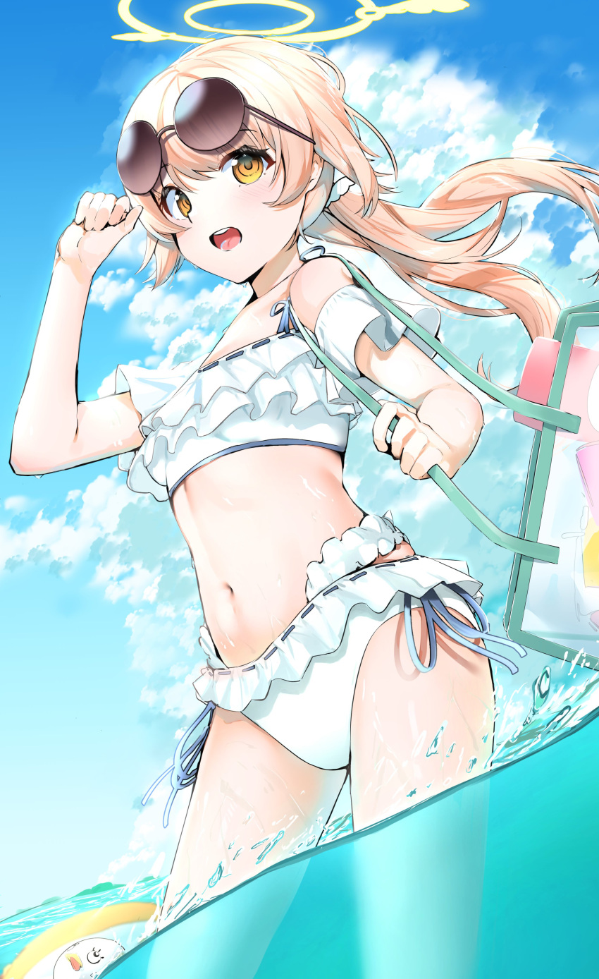 1girl absurdres bag bangs bare_shoulders bikini blonde_hair blue_archive blue_sky brown_eyes clouds cloudy_sky collarbone commentary_request day eyebrows_visible_through_hair eyewear_on_head frilled_bikini frills halo hand_up hifumi_(blue_archive) highres long_hair looking_at_viewer low_twintails navel open_mouth outdoors ribbon-trimmed_bikini round_eyewear sky solo standing sunglasses suzuharu_toufu swimsuit twintails upper_teeth very_long_hair water white_bikini