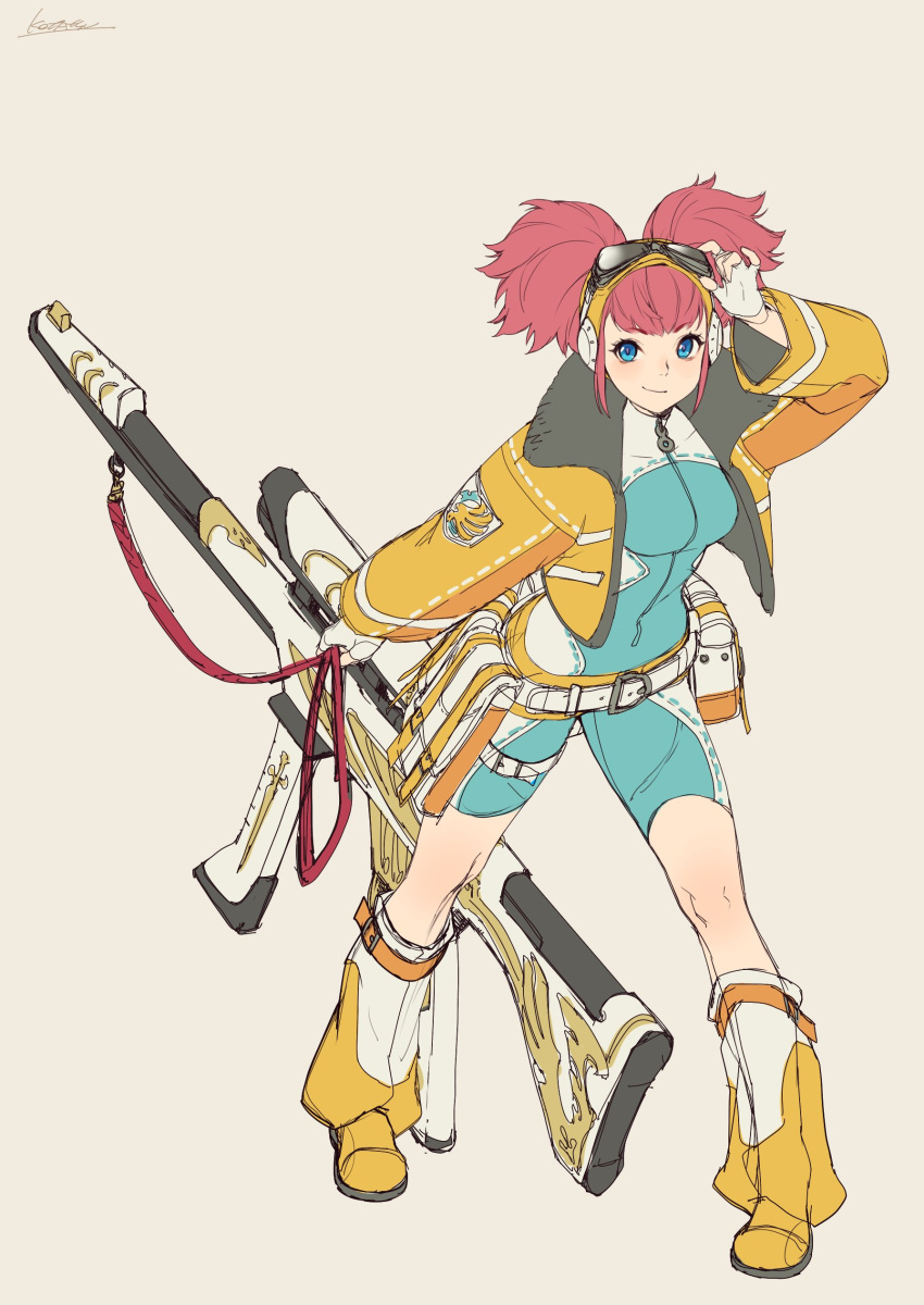 1girl absurdres adjusting_goggles belt blue_bodysuit blue_eyes bodysuit boots closed_mouth copyright_request earmuffs full_body goggles goggles_on_head grey_background gun hand_up highres holding holding_gun holding_weapon huge_weapon jacket kotatsu_(g-rough) looking_at_viewer medium_hair open_clothes open_jacket pigeon-toed pink_hair rifle signature simple_background smile sniper_rifle solo standing twintails weapon white_belt yellow_footwear yellow_jacket