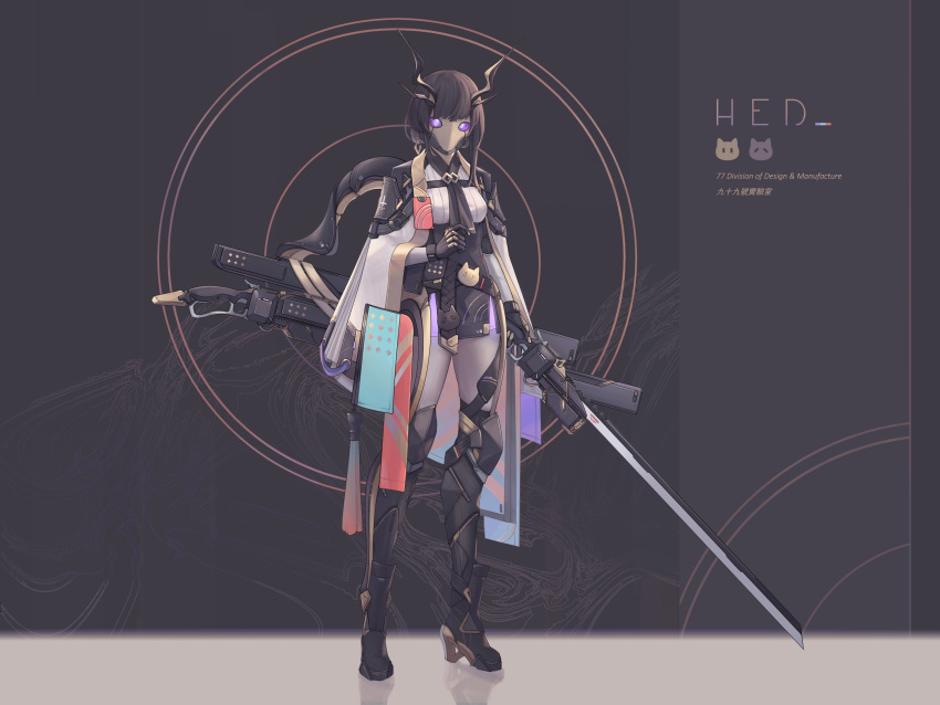 1girl armor asymmetrical_hair belt boots breasts brown_hair cloak full_body high_heel_boots high_heels highres holding holding_sword holding_weapon horns katana looking_at_viewer mask mecha_musume original sheath skindentation small_breasts solo standing sword tassel thigh-highs translation_request violet_eyes weapon xyufsky