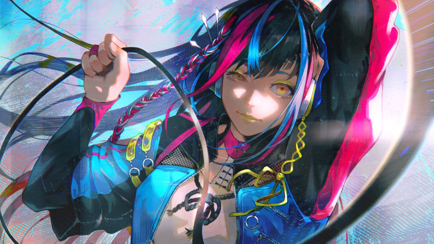 1girl arm_up black_hair blue_jacket braid closed_mouth harusaruhi headphones highres jacket jewelry kamitsubaki_studio kyuuba_melo light_blue_hair lipstick long_hair long_sleeves makeup multicolored_hair open_clothes open_jacket pink_hair ring shirt side_braid single_braid solo sunlight upper_body virtual_youtuber white_shirt yellow_eyes yellow_lips