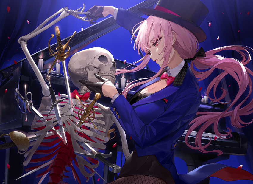 1girl alternate_costume alternate_hairstyle blue_jacket bow bowtie candle dancing ekao fishnet_legwear fishnets hand_on_another's_cheek hand_on_another's_face hat highres hololive hololive_english instrument jacket mori_calliope official_art petals piano pink_hair ponytail second-party_source skeleton solo stab sword weapon