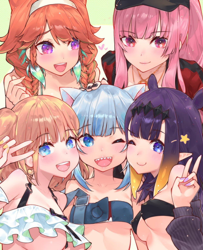5girls :d ;) ;d alternate_costume animal_ears bangs bare_shoulders bikini black_nails blonde_hair blue_eyes blue_hair blunt_bangs braid breasts cat_ears collarbone covered_nipples earrings eyebrows_visible_through_hair finger_heart frilled_bikini frills gawr_gura hair_ornament hairband hand_on_head hat heads_together heart highres hololive hololive_english holomyth jacket jewelry long_hair long_sleeves looking_at_viewer medium_breasts medium_hair mori_calliope multicolored_hair multiple_girls nail_polish ninomae_ina'nis official_alternate_costume one_eye_closed open_mouth orange_hair pink_eyes pink_hair pointy_ears purple_hair purple_nails red_eyes sharp_teeth simple_background small_breasts smile strapless sweater swimsuit takanashi_kiara teeth tentacle_hair twin_braids two_side_up under_boob upper_body v violet_eyes virtual_youtuber waterring watson_amelia yellow_nails