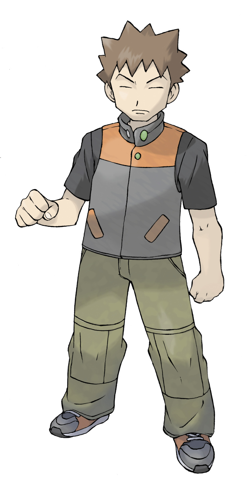 1boy absurdres bangs brock_(pokemon) brown_hair buttons clenched_hands closed_eyes closed_mouth frown full_body green_pants grey_footwear high_collar highres legs_apart male_focus official_art pants pokemon pokemon_(game) pokemon_frlg shirt shoes short_hair short_sleeves sneakers solo spiky_hair standing sugimori_ken transparent_background vest