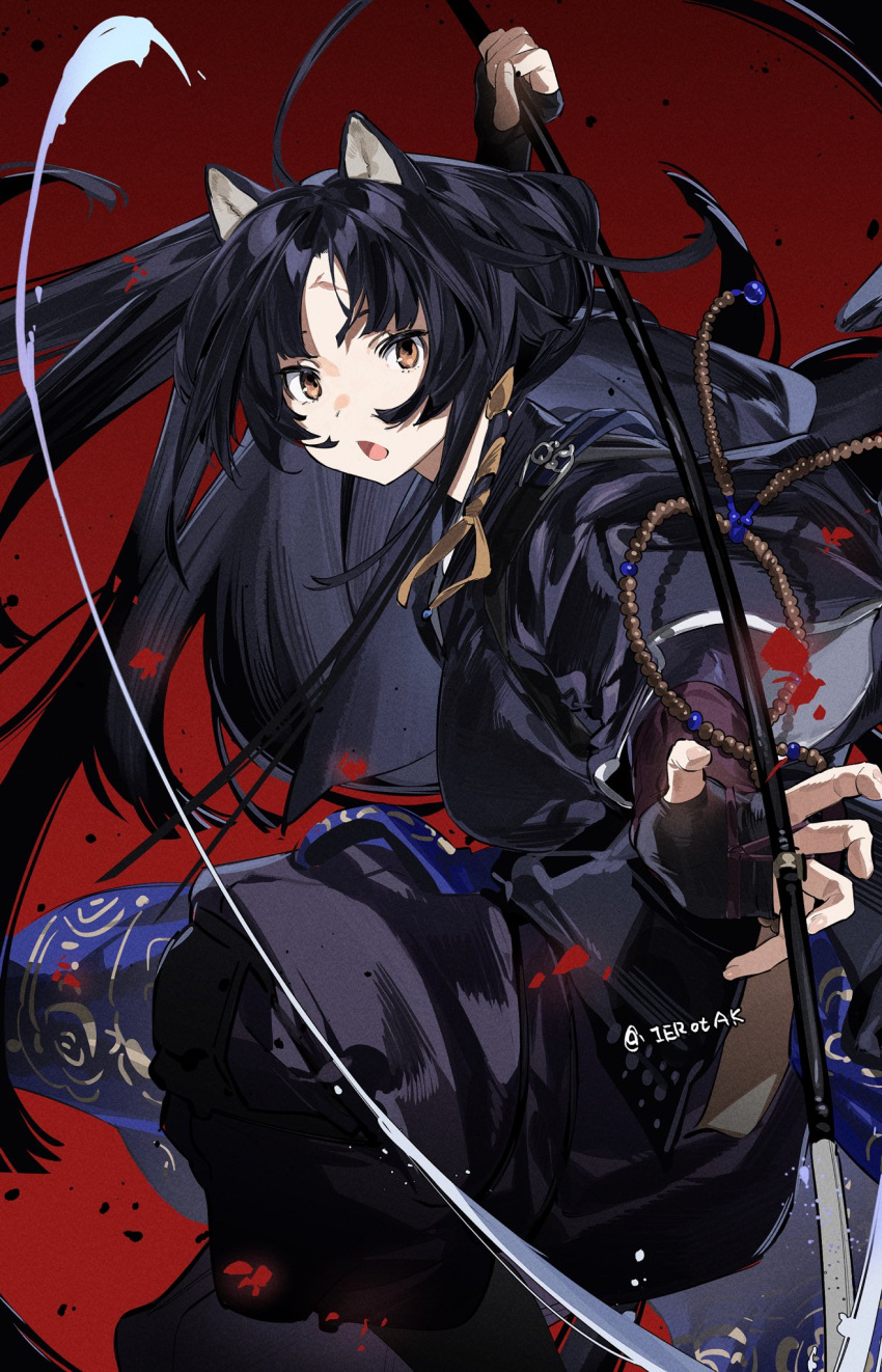 1girl animal_ears arknights bangs bead_bracelet beads black_gloves black_hair black_kimono bracelet commentary dog_ears facial_mark feet_out_of_frame fingerless_gloves floating_hair forehead_mark gloves highres holding holding_weapon ierotak japanese_clothes jewelry kimono long_hair looking_at_viewer naginata open_mouth orange_eyes pants parted_bangs polearm prayer_beads puffy_pants purple_pants red_background saga_(arknights) simple_background slashing solo twitter_username weapon