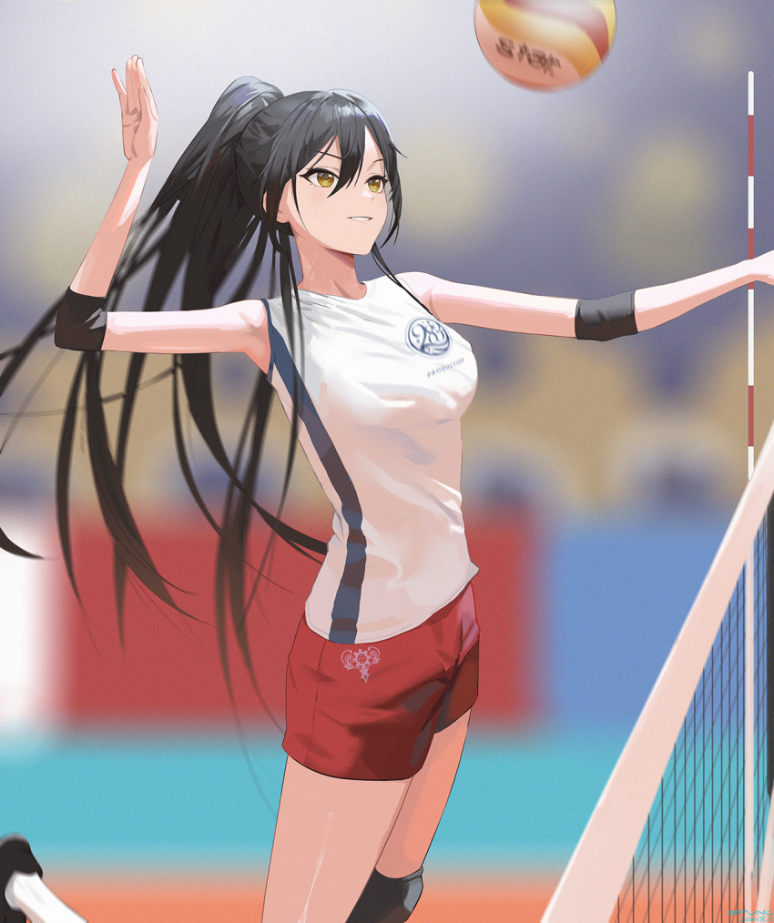 1girl arm_up black_hair blurry blurry_background breasts brown_eyes floating_hair grin hair_between_eyes high_ponytail highres idolmaster idolmaster_shiny_colors jumping long_hair medium_breasts red_shorts shiny shiny_hair shiny_skin shirase_sakuya shirt short_shorts shorts sleeveless sleeveless_shirt smile solo sportswear spung very_long_hair volleyball volleyball_net volleyball_uniform white_shirt