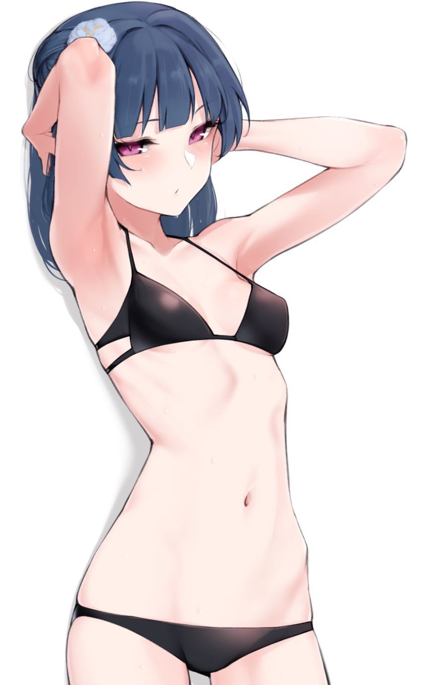1girl armpits arms_up bangs bikini black_bikini blue_hair blunt_bangs blush breasts closed_mouth collarbone cowboy_shot expressionless hands_in_hair highres long_hair looking_at_viewer love_live! love_live!_sunshine!! nasuno_(nasuno42) navel ponytail simple_background small_breasts solo stomach swimsuit tsushima_yoshiko violet_eyes white_background