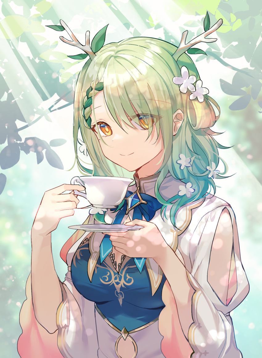 1girl antlers braid breasts ceres_fauna cup eyes_visible_through_hair flower food french_braid fruit green_hair highres hololive hololive_english leaf long_hair looking_at_viewer medium_breasts oenothera smile solo teacup virtual_youtuber yellow_eyes