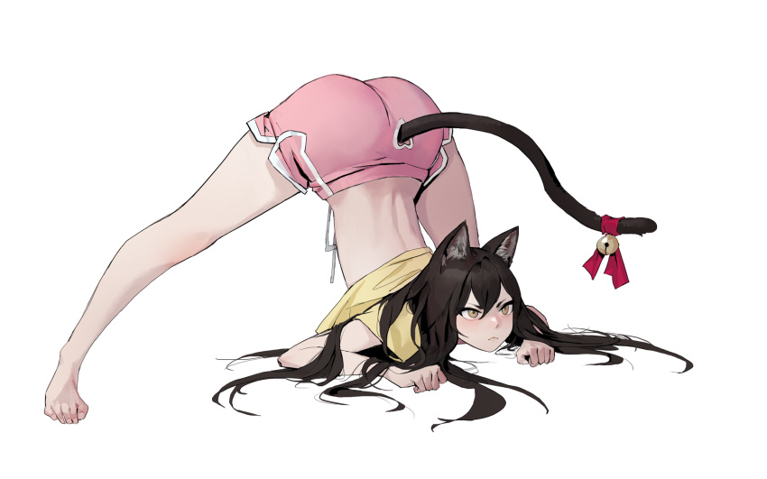 1girl :&lt; animal_ears ass bangs barefoot bell brown_eyes brown_hair cat_ears cat_girl cat_tail commentary dongho_kang flexible full_body hair_between_eyes highres jack-o'_challenge long_hair looking_at_viewer looking_up meme original pink_shorts short_shorts short_sleeves shorts simple_background solo spread_legs tail top-down_bottom-up white_background