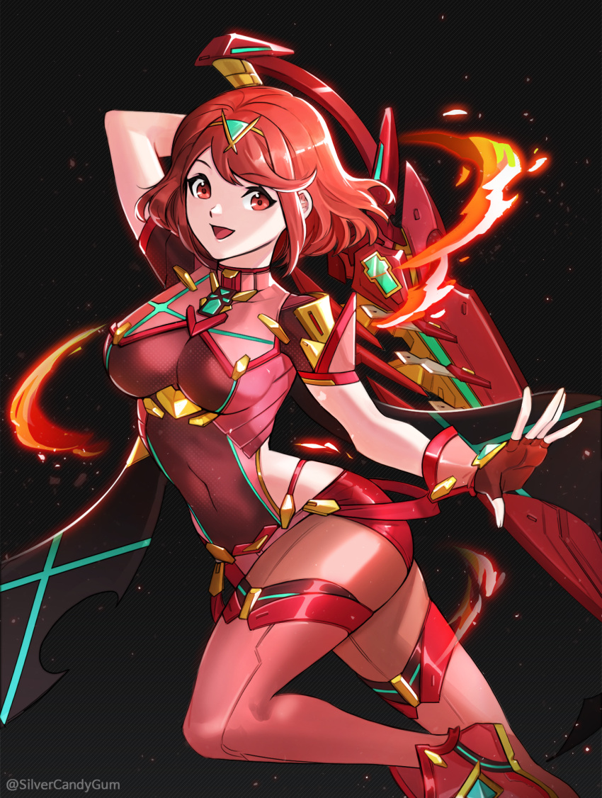 1girl aegis_sword_(xenoblade) bangs blush breasts earrings fingerless_gloves gloves headpiece highres jewelry looking_at_viewer medium_breasts pyra_(xenoblade) red_eyes redhead short_hair silvercandy_gum simple_background smile solo super_smash_bros. swept_bangs thigh-highs tiara xenoblade_chronicles_(series) xenoblade_chronicles_2