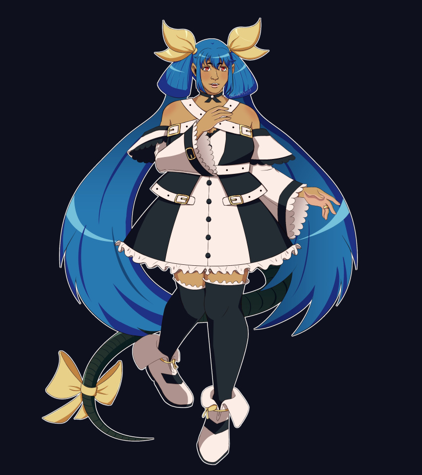 1girl absurdres bare_shoulders black_legwear blue_hair buttons dark_skin dizzy_(guilty_gear) frills guilty_gear guilty_gear_strive highres red_eyes redesign ribbon thigh-highs twintails yellow_ribbon