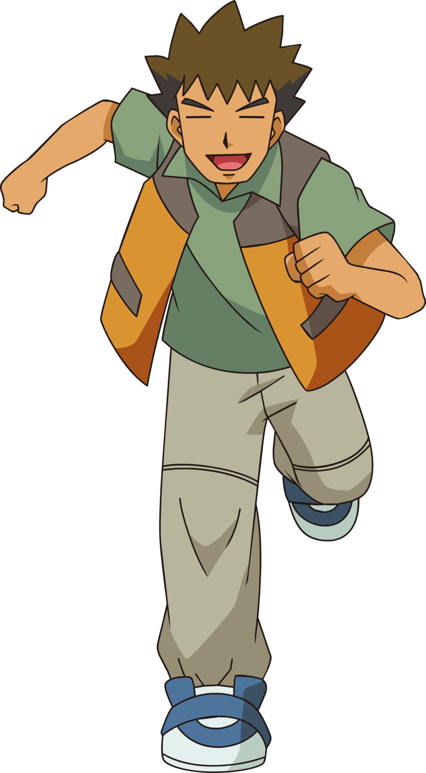 1boy :d absurdres artist_request bangs brock_(pokemon) brown_hair clenched_hands closed_eyes collared_shirt facing_viewer full_body green_shirt highres leg_up male_focus official_art open_clothes open_mouth open_vest orange_vest pants pokemon pokemon_(anime) pokemon_dppt_(anime) running shirt shoes short_hair short_sleeves smile solo spiky_hair standing standing_on_one_leg tongue transparent_background vest